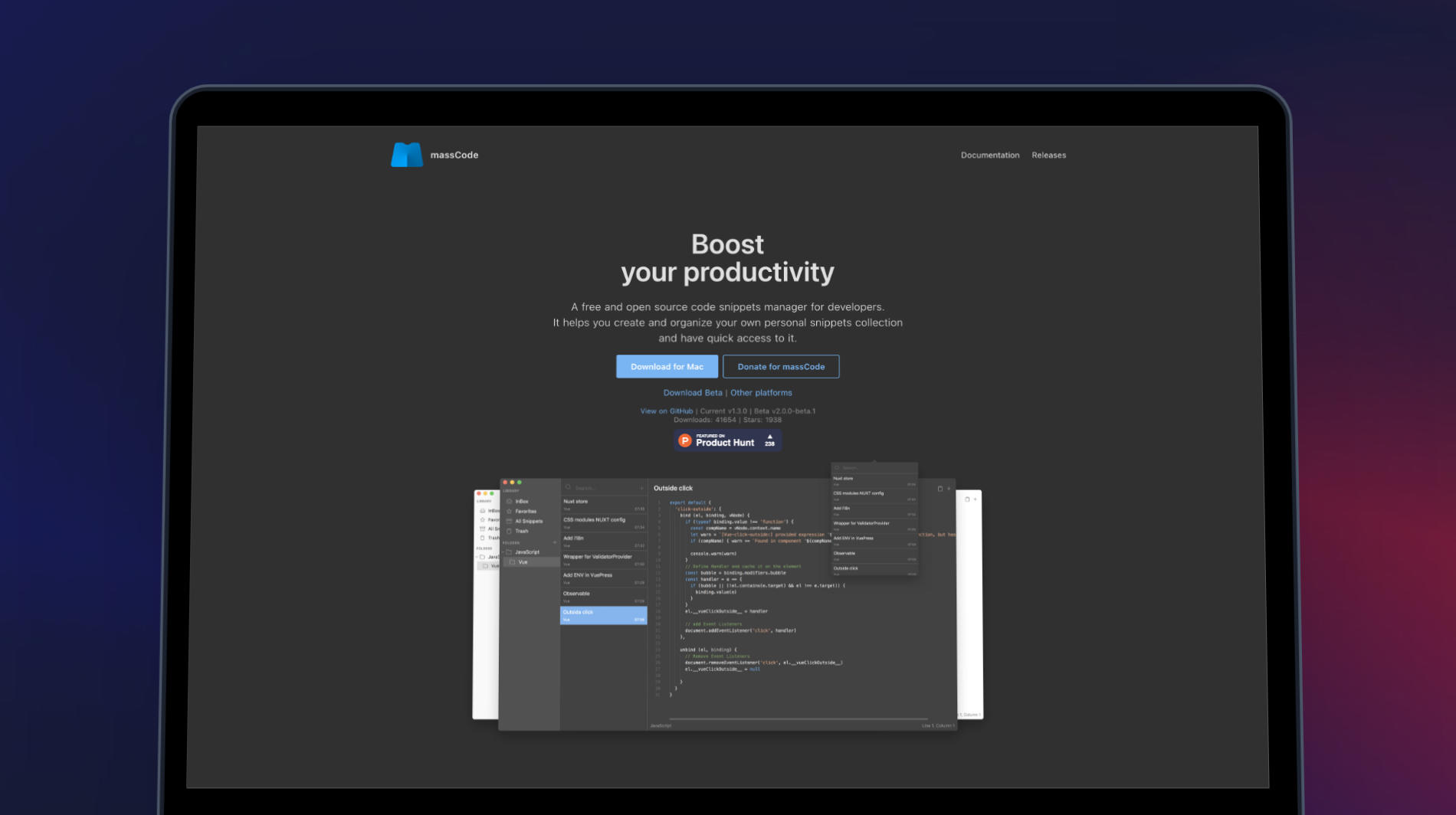 Screenshot of the massCode homepage