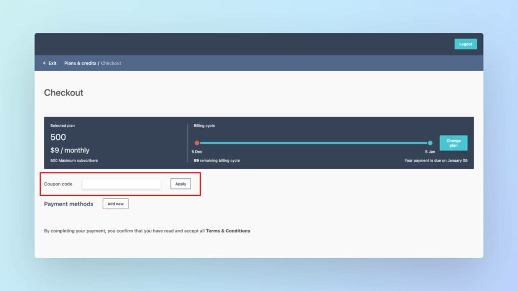 Enter coupon code on Moosend