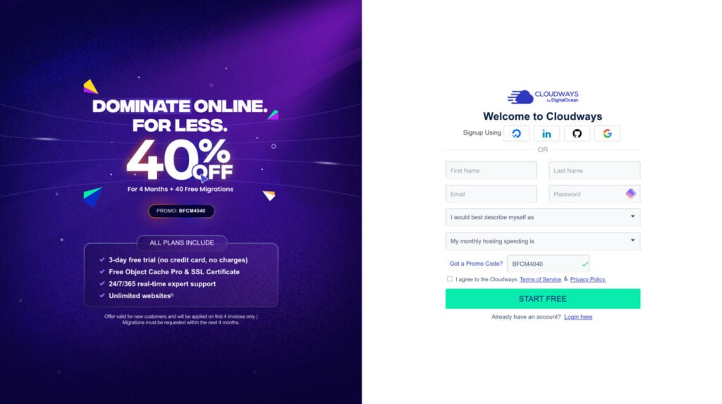 Cloudways signup page