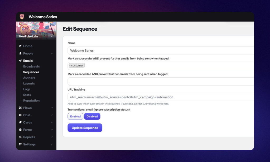Editing the sequence settings